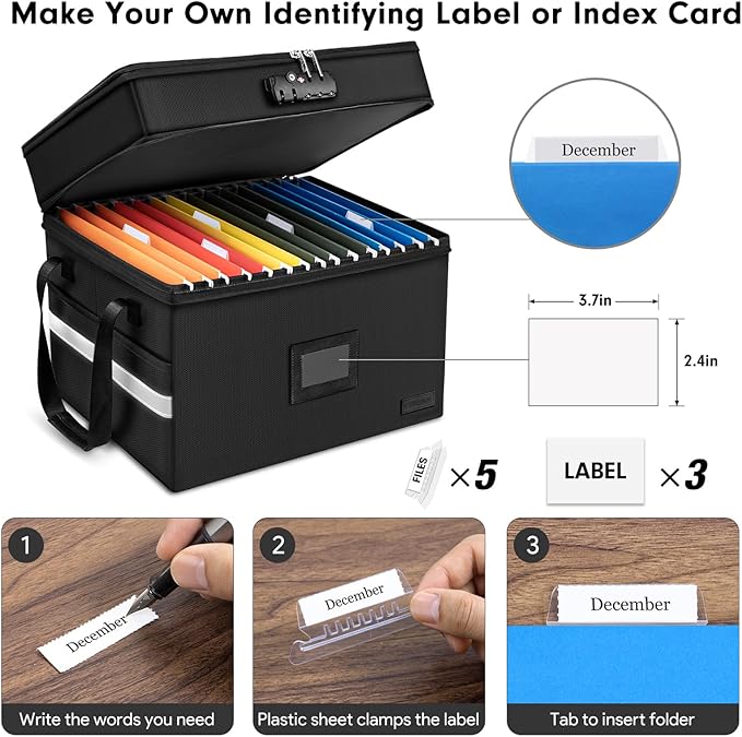 ETRONIK Fireproof Document Box with Lock, 2 Layer File Cabinet Organizer with 5 Tab Inserts, Portable Office Collapsible File