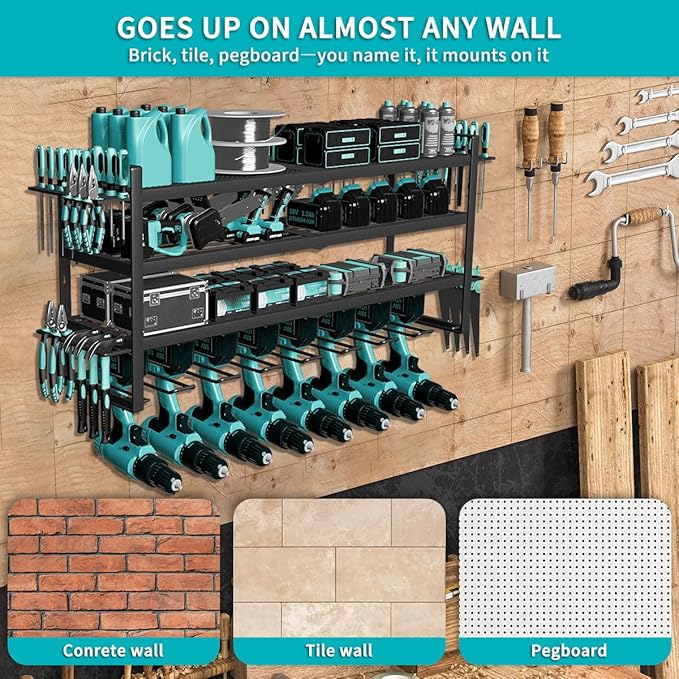 Power Tool Organizer Wall Mount Loads 400lbs, 4 Layers Heavy Duty Tool Organizers and Storage, Cordless Tool Rack with 8 Dril
