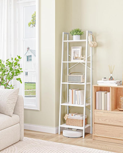 Hzuaneri Ladder Shelf, Bookshelf Bookcase, Freestanding Corner Storage Shelve with 2 Hooks for Home Office, Living Room, Kitc