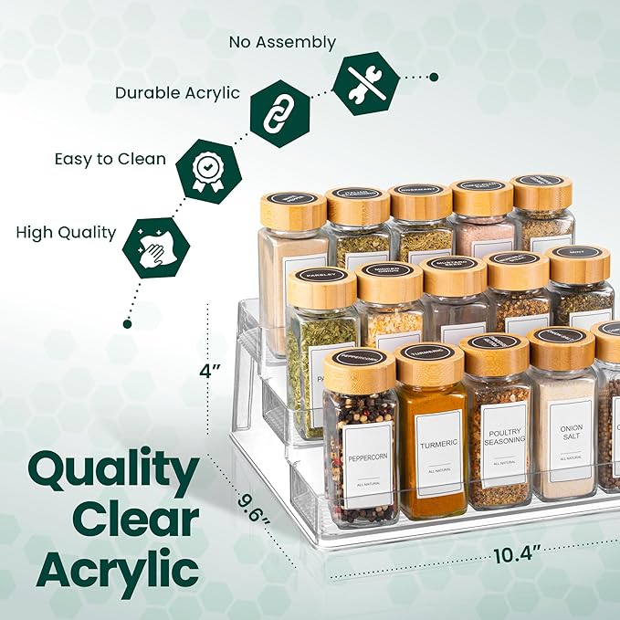 Oizeir Clear Spice Rack (2-Pack) – 3-Tier Acrylic Organizer for Cabinet – Deep Spice Shelf – 10.4 x 9.6 x 4 Inches – Holds Se