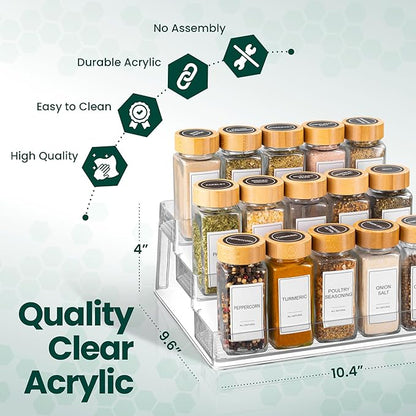 Oizeir Clear Spice Rack (2-Pack) – 3-Tier Acrylic Organizer for Cabinet – Deep Spice Shelf – 10.4 x 9.6 x 4 Inches – Holds Se