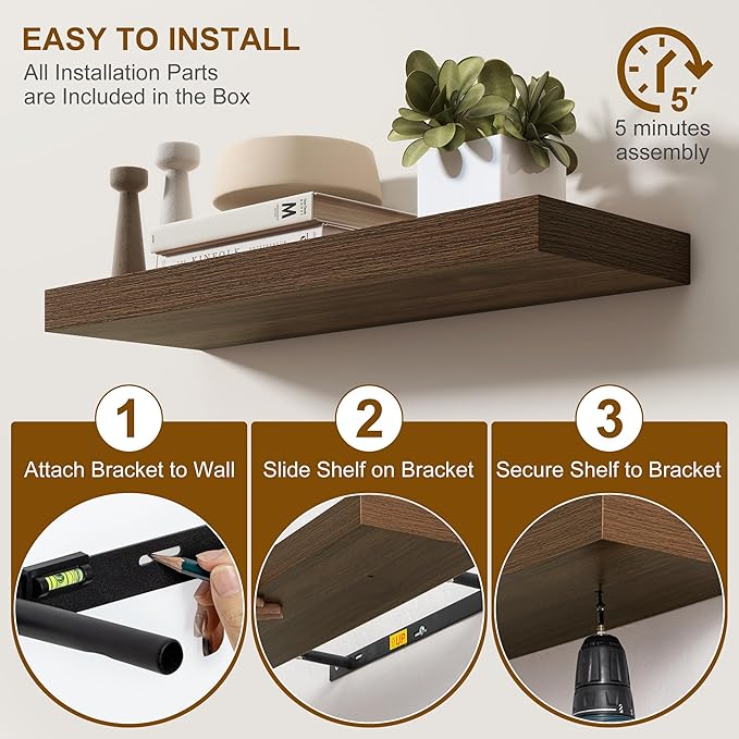 Fun Memories 72 Inch Floating Shelves, Wall Mounted Rustic Wood Floating Shelf with Invisible Brackets for Storage & Decor, 2