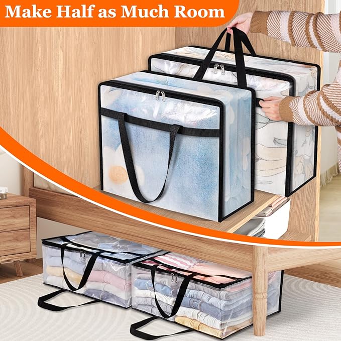 TasticTotes 6 Pack Clear Storage Bags for Comforter, Clothes & Bedding, Plastic Blanket Storage with Zipper and Handle, Movin