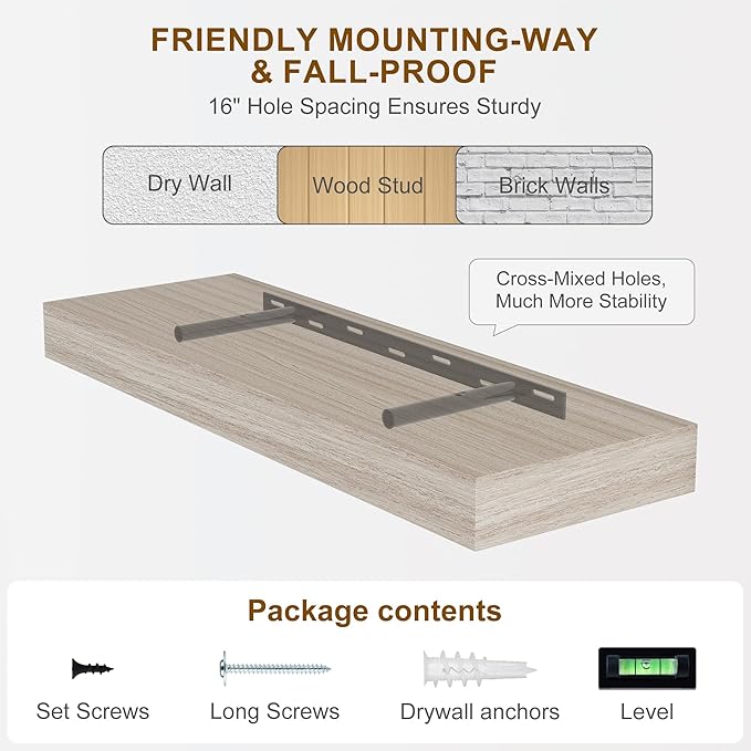 Fun Memories Floating Shelves for Wall, 48Inch Long Floating Shelves Set of 2, Hanging Shelf with Invisible Brackets, Wood Sh
