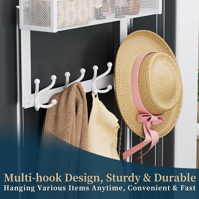 Consumest Over The Door Hooks Organizer - Door Hanger with Mesh Basket & 16 Coat Rack Hooks, Back Storage Organizer for Bedro
