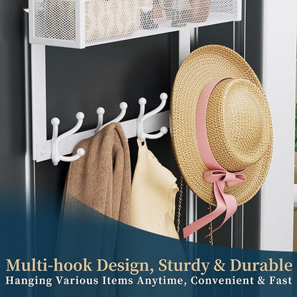 Consumest Over The Door Hooks Organizer - Door Hanger with Mesh Basket & 16 Coat Rack Hooks, Back Storage Organizer for Bedro