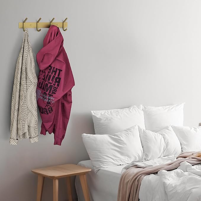 Brushed Gold Wall Mounted Coat Rack – 12 Inch Stainless Steel Rail with 4 Double Coat Hooks for Entryway, Bathroom, Bedroom, 