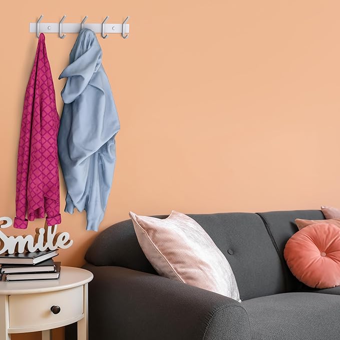 White Coat Rack Wall Mount – 15 Inch Stainless Steel Hook Rail with 5 Heavy Duty Double Coat Hooks – Wall Mounted Coat Hanger