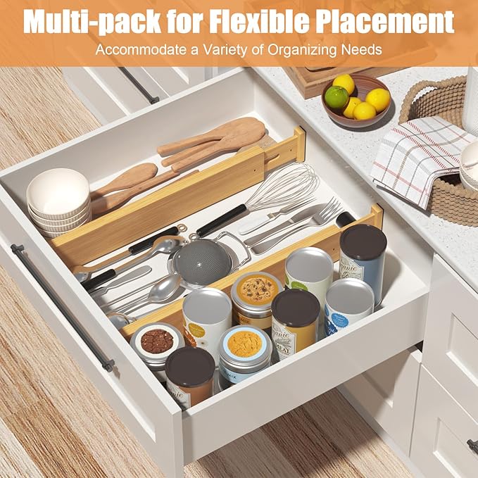 Bamboo Drawer Dividers,17-22" Adjustable Kitchen Drawer Organizer for Clothes,6 Pack Expandable Drawer Organization Separator
