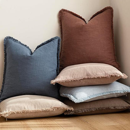Foindtower Set of 2 Decorative Linen Fringe Throw Pillow Covers Boho Farmhouse Cushion Cover with Tassels Soft Accent Pillowc