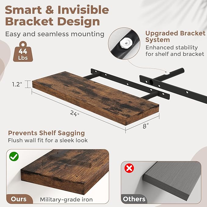 24 Inch Floating Shelves for Wall Set of 2, 8"D Wood Grain Bathroom Shelves with Invisible Brackets, Easy Install Engineered 