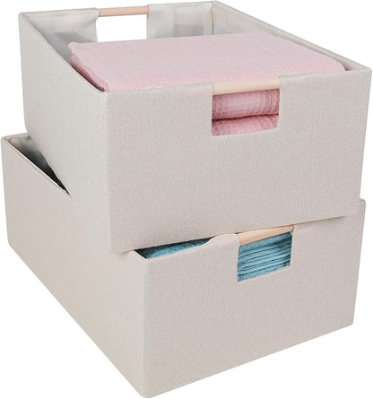 ANMINY 2PCS Storage Baskets for Organizing Collapsible Fabric Storage Bins Boxes with Wood Handles Closet Shelves Cube Organi