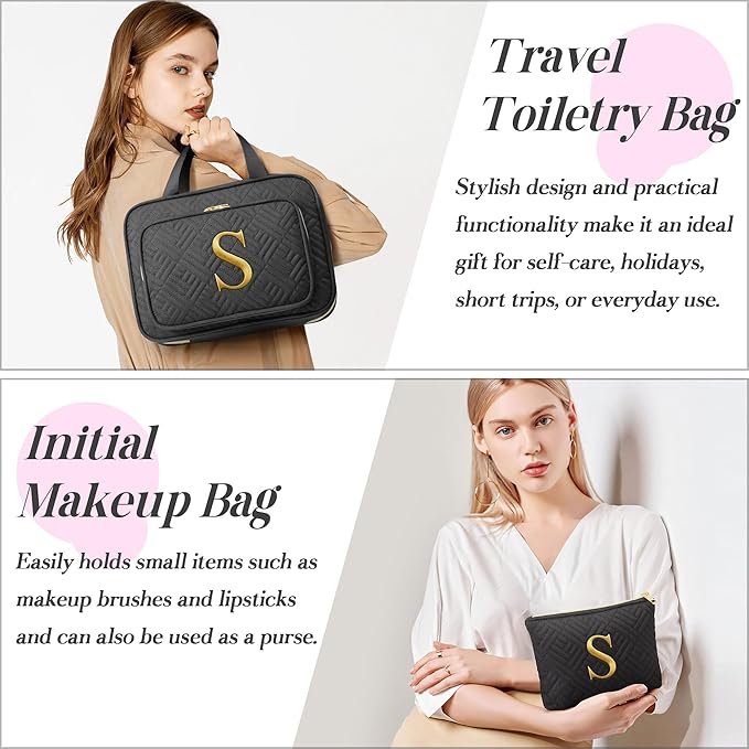 Gifts for Women, Initial Toiletry Makeup Bag Hanging Cosmetic Organizer with Embroidery Letter Personalized Nurse Teacher App