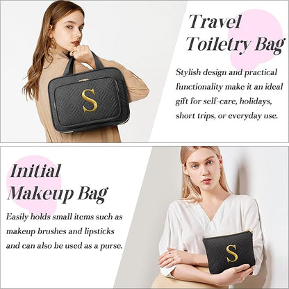 Gifts for Women, Initial Toiletry Makeup Bag Hanging Cosmetic Organizer with Embroidery Letter Personalized Nurse Teacher App