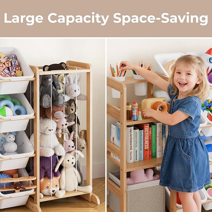 Toy Storage Organizer with Bookshelf and Stuffed Animal Storage - Kids Playroom Organization with Shelves and 12 Toy Bins - T