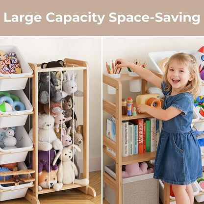 Toy Storage Organizer with Bookshelf and Stuffed Animal Storage - Kids Playroom Organization with Shelves and 12 Toy Bins - T
