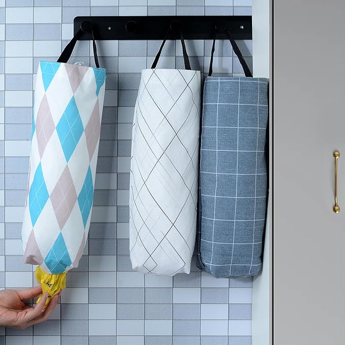 Plastic Bag Holder Sulimy Dispensers Folding Garbage Bags 3pcs Hanging Storage Bag Cotton Linen Fabric Trash bags Holder Organizer Recycling Grocery Pocket Containers with 3 Hooks (Multicolor 2)