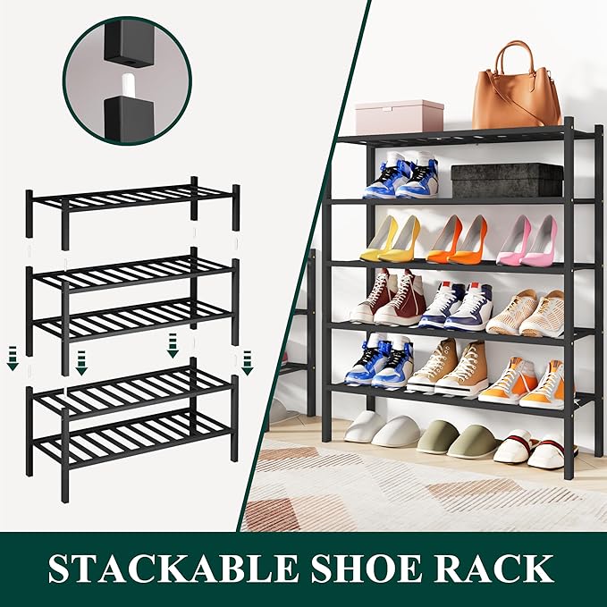 Smiry Shoe Rack, 6 Tier Bamboo Shoe Organizer, Stackable Free Standing Wooden Shoe Storage Shelf for Closet, Entryway, Front 