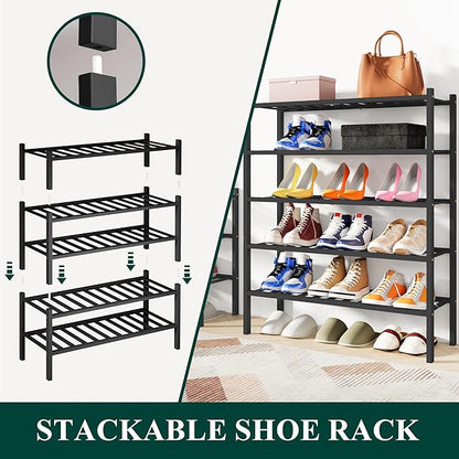 Smiry Shoe Rack, 6 Tier Bamboo Shoe Organizer, Stackable Free Standing Wooden Shoe Storage Shelf for Closet, Entryway, Front 