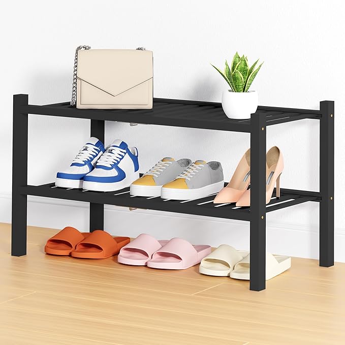 Smiry Shoe Rack, 2 Tier Thick Bamboo Shoe Organizer, Stackable Free Standing Wooden Shoe Storage Shelf for Closet, Entryway, 