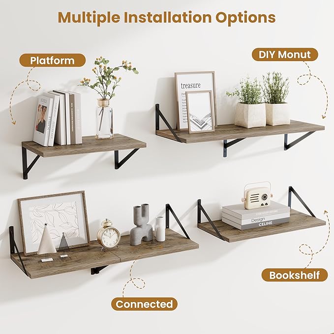 Floating Shelves for Wall,18" Wall Mounted Shelves Set of 2,Wood Floating Shelf with Bracket,Sturdy Metal Bracket Bookshelves