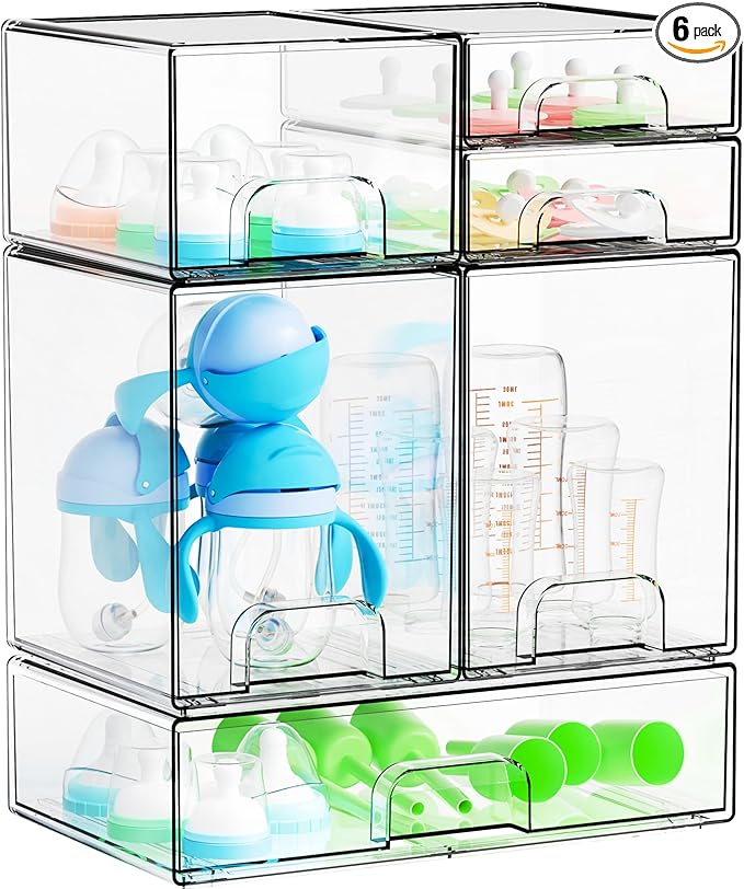 Yieach 6 Set Clear Baby Bottle Organizer for Countertop,BPA FREE Bottle Station Organizer for Breast Pump Parts,Pacifier and 