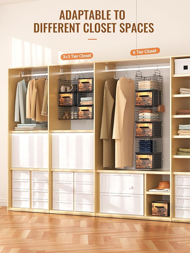 Closet Hanging Organizer with Drawers, 6 Tier Metal Closet Organizers and Storage with 4 Hanging Hooks 4 S-Hooks for Wardrobe