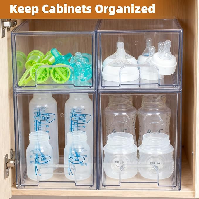 Baby Bottle Organizer, Stackable Storage Drawers with Label, Clear Station Organizers Container for Pacifiers, Pump Parts, De