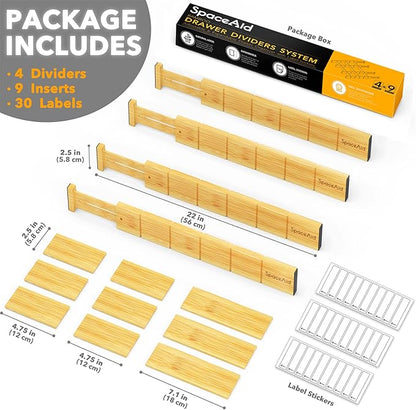 SpaceAid Bamboo Drawer Dividers with Inserts and Labels, 4 Dividers with 9 Inserts (17-22 in), Bag Storage Organizer (4 Pack)