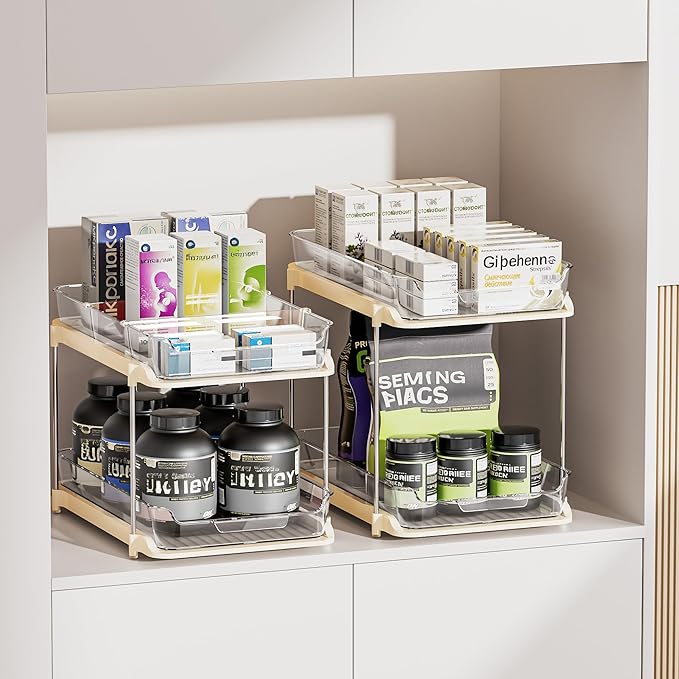 Delamu 2-Tier Multi-Purpose Bathroom Under Sink Organizers and Storage, Stackable Kitchen Pantry Organization, Pull Out Medic