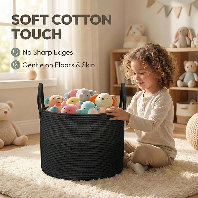 JMvicyroam 115L Extra Large Blanket Basket for Living Room - Woven Cotton Rope Laundry Hamper with Reinforced Handles - Stora