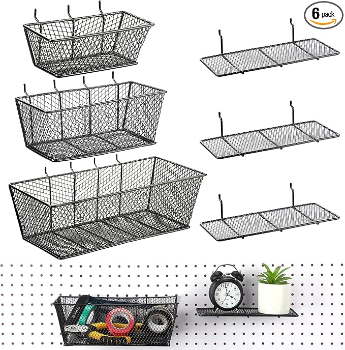 Sieral 6 Pieces Pegboard Baskets Wall Mount Wire Peg Board Baskets 3 Sizes Pegboard Accessories Slatwall Bins Basket Home Gar