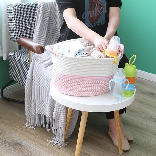 Hinwo Oval Cotton Rope Storage Basket Collapsible Nursery Storage Box Container Organizer with Handles, 13 x 10 inches, Off W
