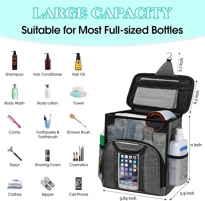 Attmu Mesh Shower Caddy Portable Dorm Tote Bag, Quick Dry Hanging Toiletry Bag, Large Capacity Shower Bag for College Dorm Ro
