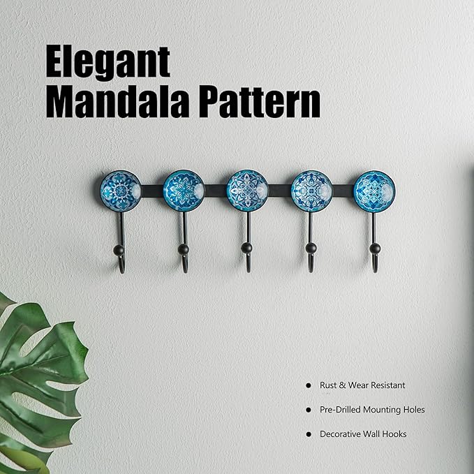 Boho Coat Rack Wall Mounted with 5 Hooks, Glacier Theme Mandala Pattern Decorative Wall Hooks for Hanging Hat, Key, Towel, Pu
