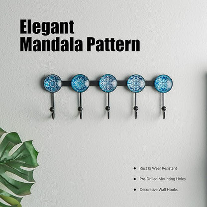 Boho Coat Rack Wall Mounted with 5 Hooks, Glacier Theme Mandala Pattern Decorative Wall Hooks for Hanging Hat, Key, Towel, Pu