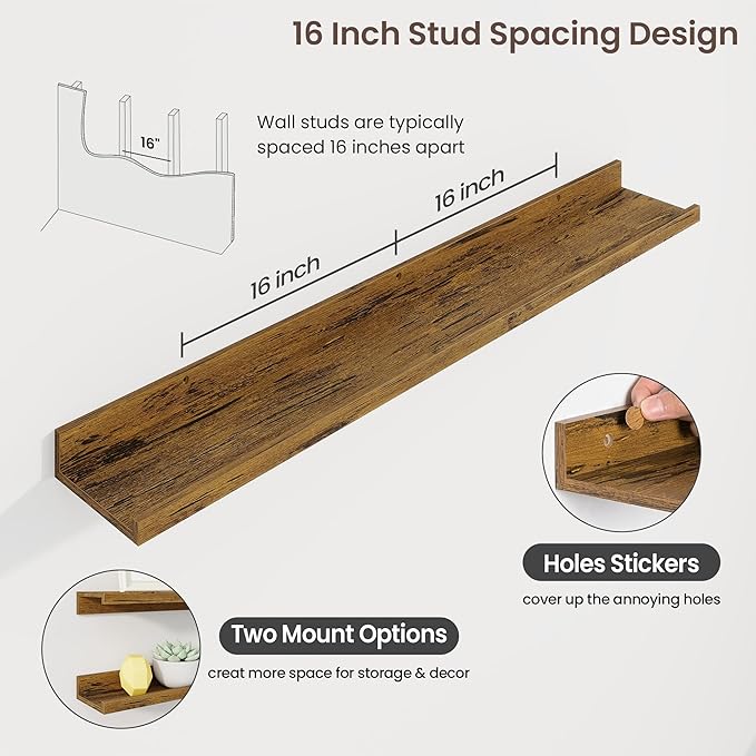 Axeman 40 Inch Floating Shelves | Brown Picture Ledge Shelf Set of 3 | Rustic Brown Wood Wall Shelves with Lip | 40" Picture 