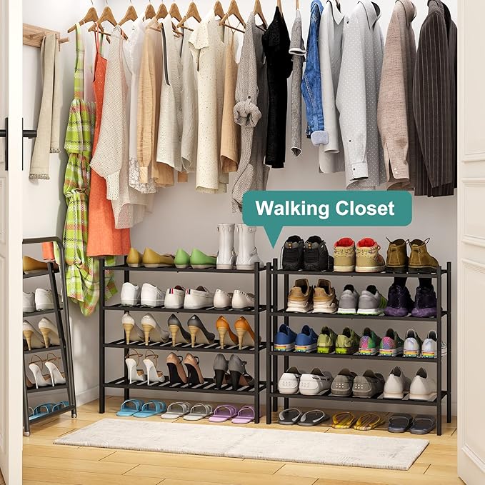 viewcare 4-Tier Black Bamboo Shoe Rack for Entryway, Stackable | Foldable | Natural, Shoe Organizer for Hallway Closet, Free 