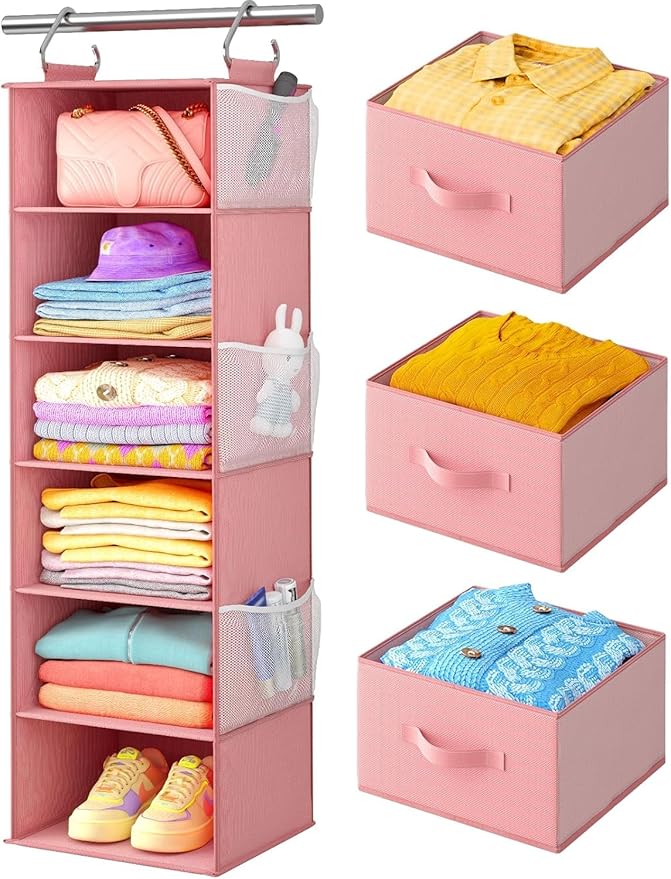 Pipishell Hanging Closet Organizer 6-Shelf, Hanging Shelves for Closet with 3 Removable Drawers & Side Pockets for Bedroom, G