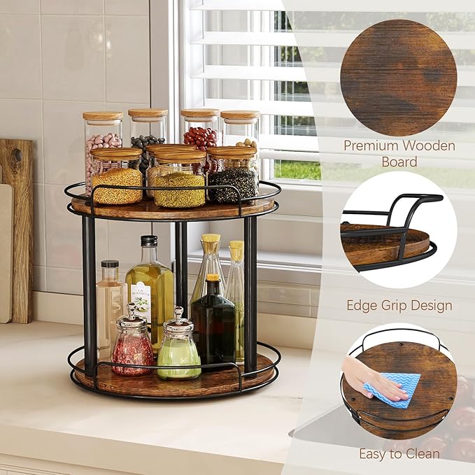 LAMU 12.2'' Wood Lazy Susan Turntable Organizer for Cabinet, 2 Tier Lazy Susan Spice Rack Organizer for Kitchen, Table Top, C