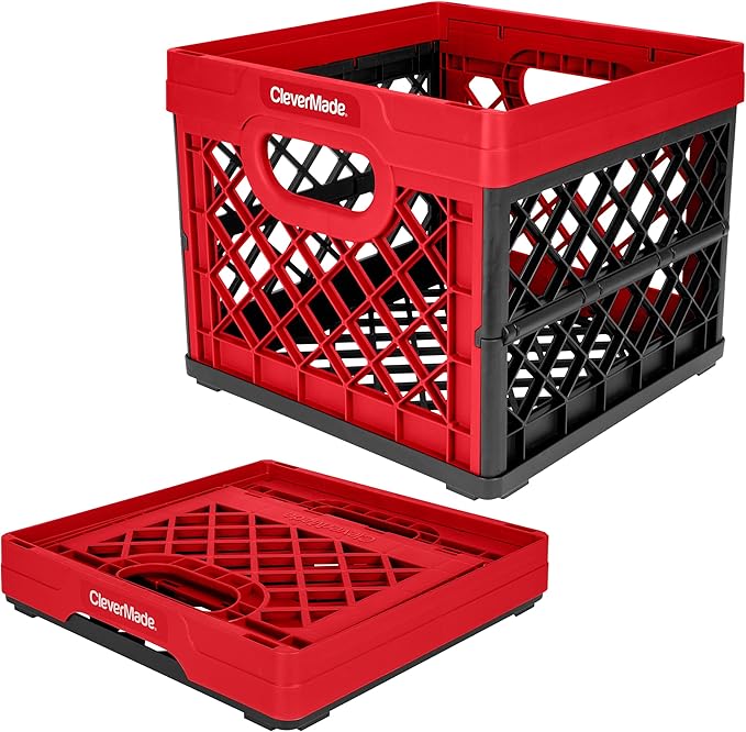 CleverMade Collapsible Milk Crate 25L (6.6 Gal), 50 lb Capacity Heavy Duty Folding Crate – Stackable Storage Crates with File