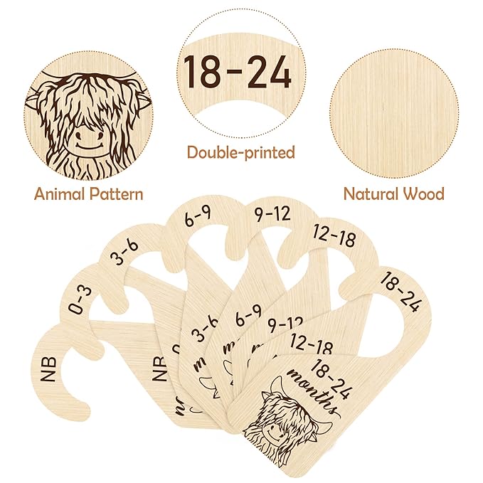 R HORSE 8Pcs Highland Cow Baby Closet Dividers, Double Sided Baby Closet Organizers Nursery Hanger Dividers Wood Size Divider