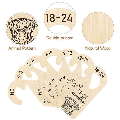 R HORSE 8Pcs Highland Cow Baby Closet Dividers, Double Sided Baby Closet Organizers Nursery Hanger Dividers Wood Size Divider