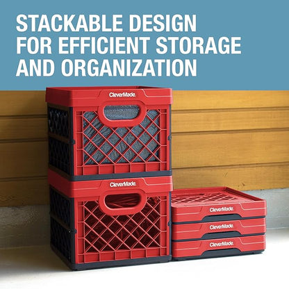 CleverMade Collapsible Milk Crate 25L (6.6 Gal), 50 lb Capacity Heavy Duty Folding Crate – Stackable Storage Crates with File