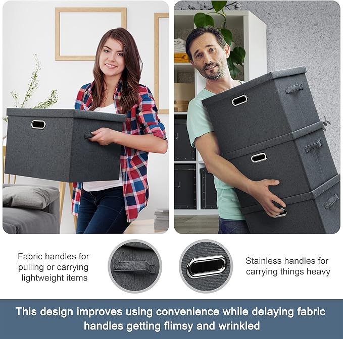 Graciadeco Medium 15" 21 Quart Collapsible Stackable Storage Bins with Lids, 3 Packs Dark Grey Foldable Fabric Closet Boxes H