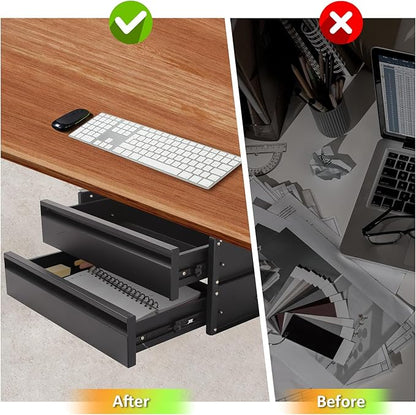 15 in 2-tier Under Desk Drawer,Adjustable Height, Under Desk Drawer Slide Out with Slide Extension Mounted Under Flat Wooden 
