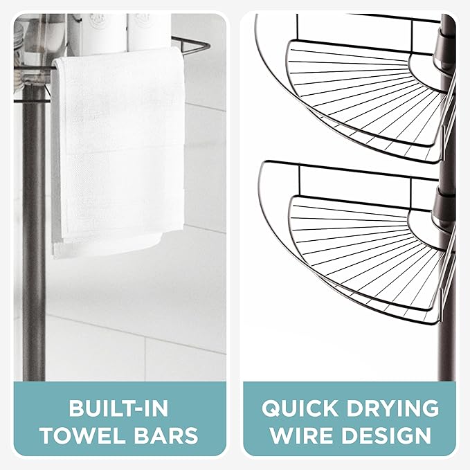Zenna Home Tension Pole Shower Caddy Corner Organizer, Adjustable Standing Shower Caddy with 4 Baskets and Towel Bar, Rust Re