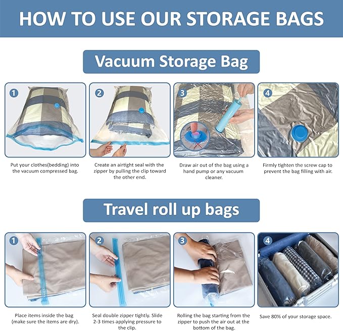 Cozy Essential Vacuum Storage Bags, 80% Compression Vacuum Seal Space Saver Plastic Packaging Bags for Clothes, Blankets, Pil