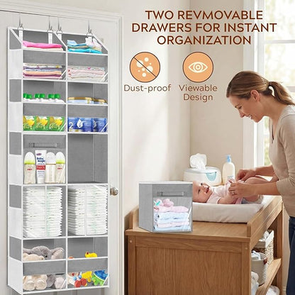 Over the Door Organizer 5 Tiers with Removable Drawers, Extra Large Door Storage of 6 Compartments & 2 Diaper Storage, Double