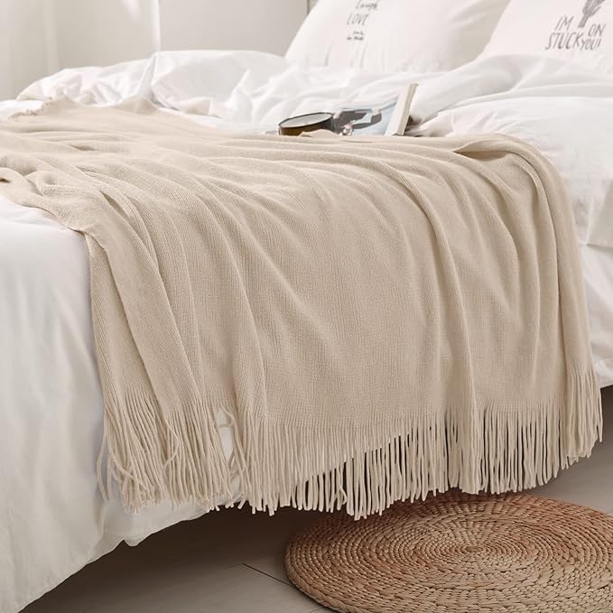 Homiest Decorative Knitted Throw Blanket with Fringe, Lightweight Acrylic Knit, Soft & Cozy Tassel Blanket for Couch, Sofa, B
